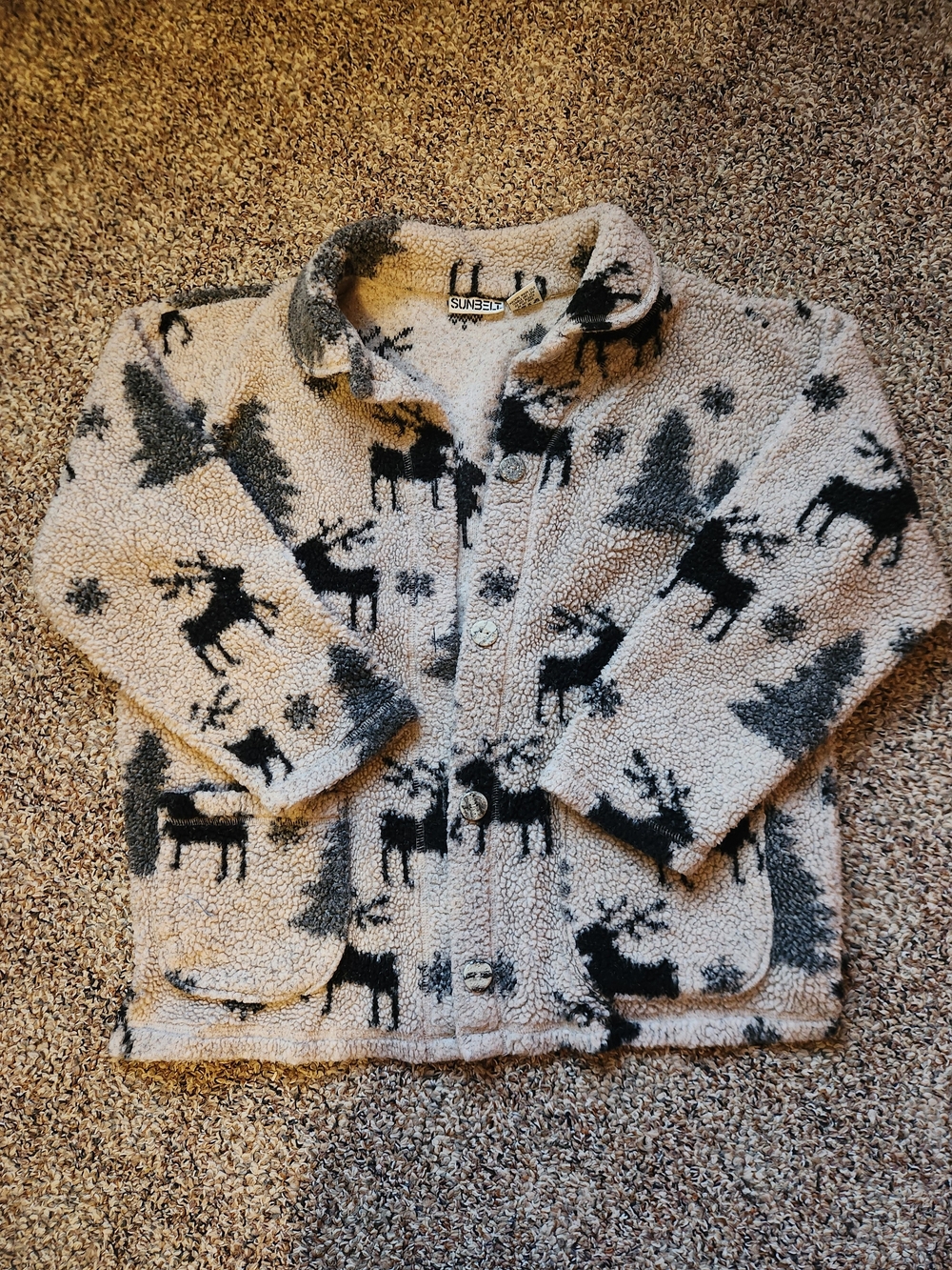 Sunbelt Cream and Black Sherpa Button-Up Jacket with Moose Motif
